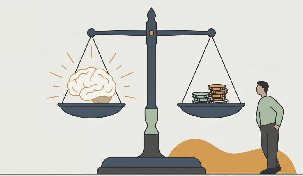 Person viewing the balanced scale with an active brain weighed against coins representing psychological energy and economics