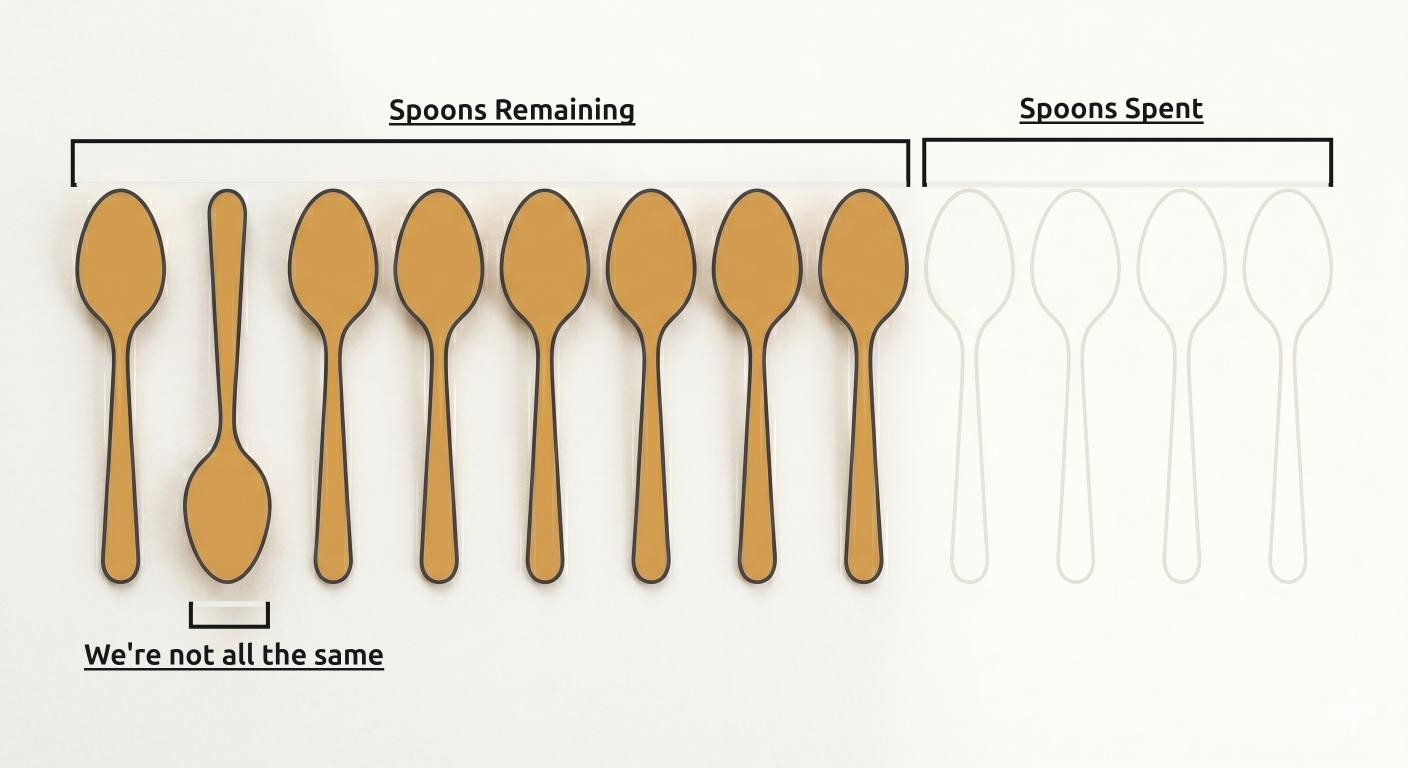 Twelve spoons with eight grouped for remaining spoons and the outline of four spoons grouped for spoons already spent demonstrating spoon theory.