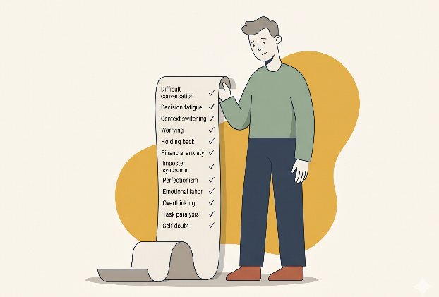 A person holding a long receipt. Instead of product prices, the receipt lists cognitive and emotional costs.
