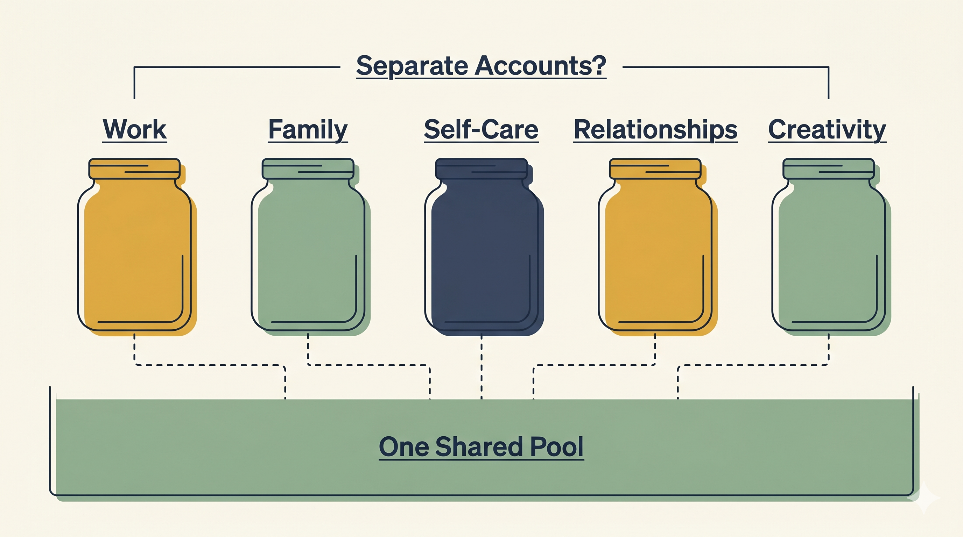 Five labeled jars — Work, Family, Self-Care, Relationships, Creativity — appear separate at the top, but dashed lines connect each one down to a single shared pool beneath, showing that the mental accounts we treat as separate actually draw from one underlying source.