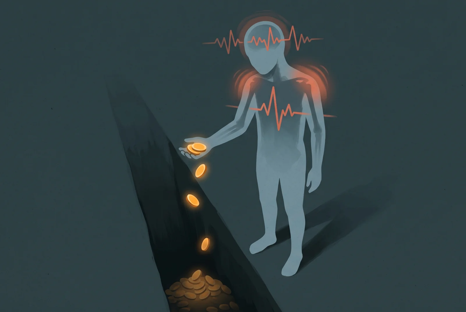 Person with visible tension pouring their resources into a pit.