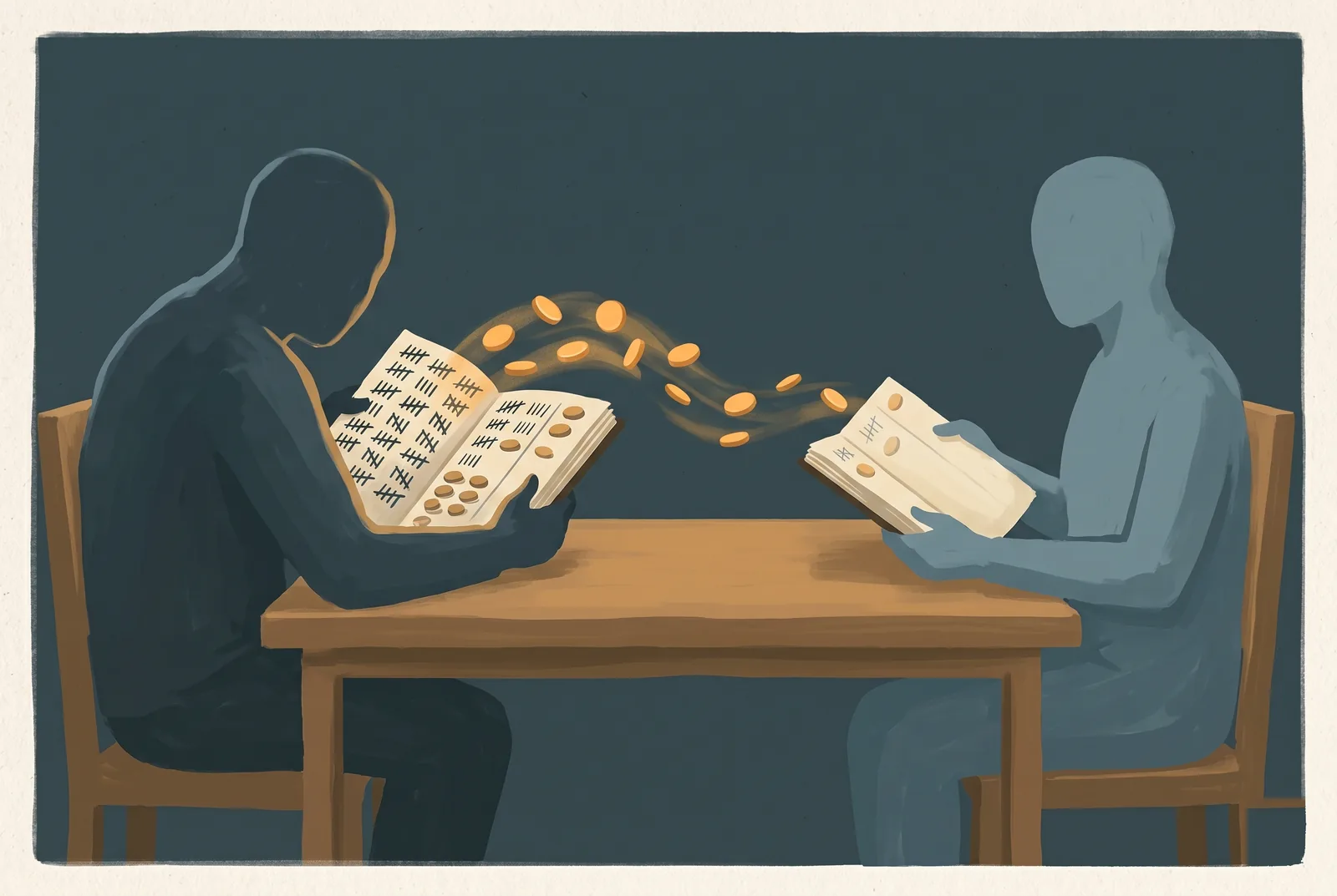 two people sitting at a table with each holding their own ledger showing a bidirectional flow of coins between them